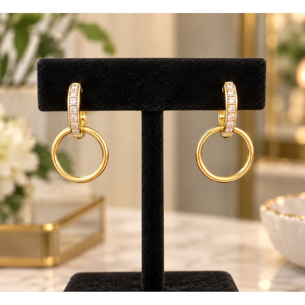MILOR Italy 925 Sterling Silver Gold Tone CZ Double Hoop Drop Dangle Earrings